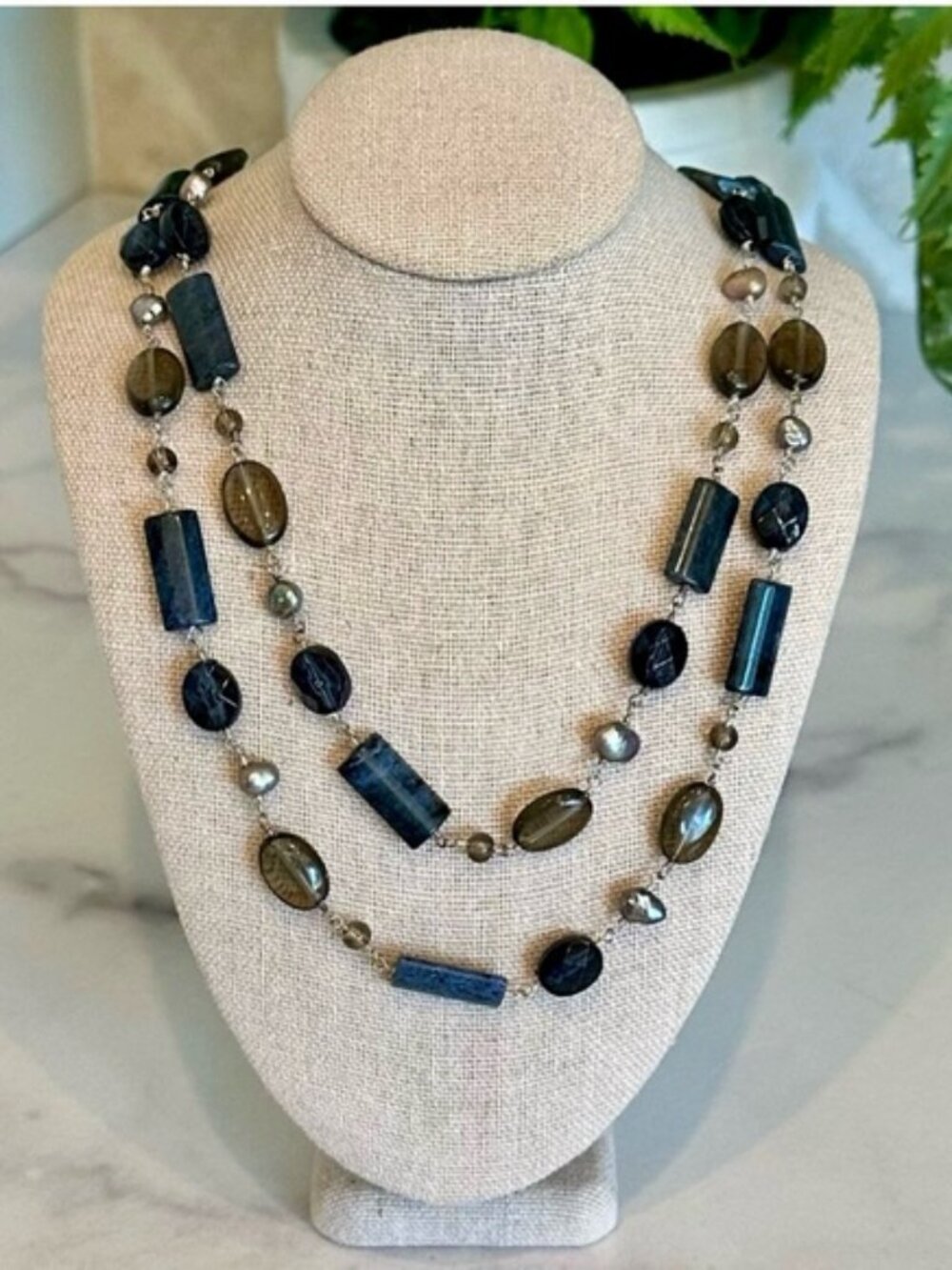 Beaded Double Strand Necklace Blue Smoky Quartz